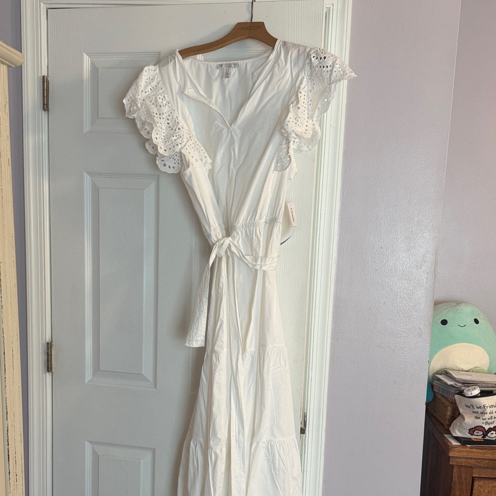 London Times White Eyelet Flutter Sleeve Maxi Wrap Dress